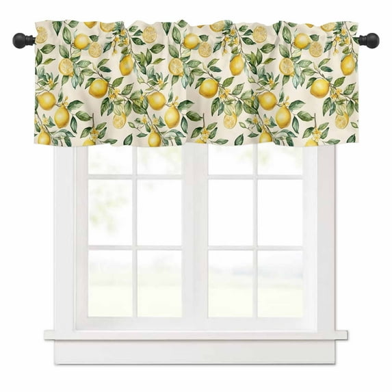 Summer Lemon Valances for Windows Yellow Flower Leaves Beige Rod Pocket Curtain Valance Window Treatment Short Curtains for Kitchen Living Room, 60"x18"