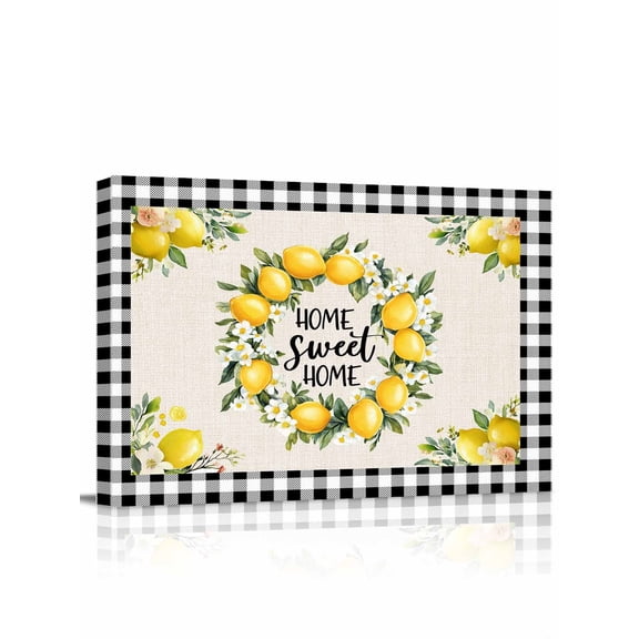 Summer Lemon Wall Art for Living Room,Canvas Picture Wall Decor for Bathroom Bedroom,Farmhouse Black Check Plaid Vintage Painting Artwork for Office Kitchen Hallway Dining Room Home Decor 12"x16"