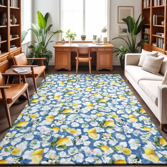 Summer Lemon Washable Area Rug 4 x 6 ft Yellow Fruit White Flowers Country Plant Blue, Soft Non Slip Rugs Stain Repellent Indoor Felt Carpet for Living Dining Room Bedroom Home Office