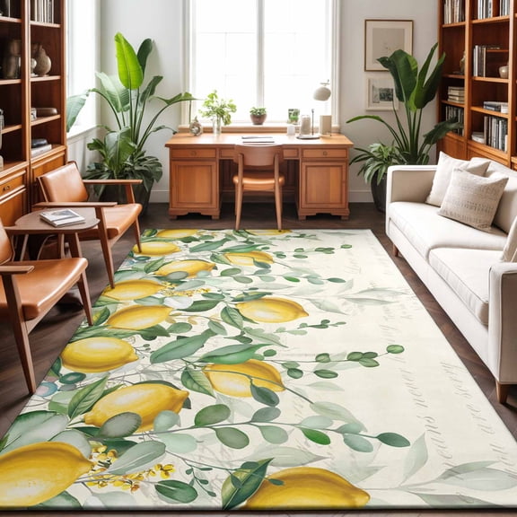 Summer Lemon Washable Area Rug 5 x 8 ft Country Vintage Watercolor Yellow Fruit Green Leaf, Soft Non Slip Rugs Stain Repellent Indoor Felt Carpet for Living Dining Room Bedroom Home Office
