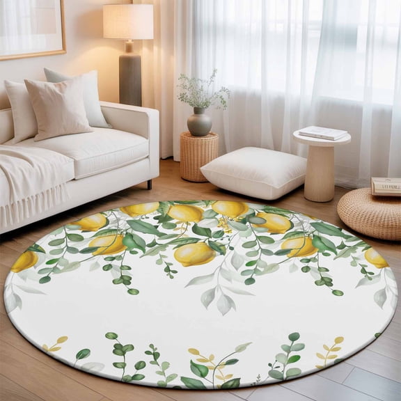 Summer Lemon Washable Round Area Rug 7 ft, Country Pastoral Watercolor Yellow Fruit Green Leaf, Soft Non Slip Rugs Stain Repellent Indoor Felt Carpet for Living Dining Room Bedroom Home Office