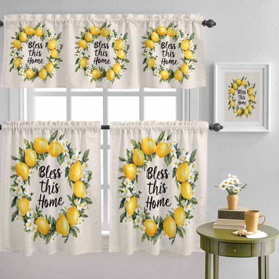 Summer Lemon Watercolor Floral Curtain Tier and Valance Set 3 Piece, Bless Home Quote Retro Linen 3-inch Rod Pocket Window Tier Curtains Valance for Kitchen Living Room