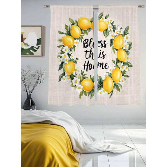Summer Lemon Watercolor Floral Sheer Curtains 2 Panels Set Bless Home Quote Retro Linen Lihgt Filtering Rod Pocket Voile Drape,Semi Sheer Window Curtains for Bedroom Living Room,52"x63"