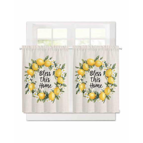Summer Lemon Watercolor Floral Short Blackout Curtains 36 Inch Long,Bless Home Quote Retro Linen Rod Pocket Kitchen Curtains,2 Panels Thermal Insulated Room Darkening Drapes for Bedroom,30"W x 36"L