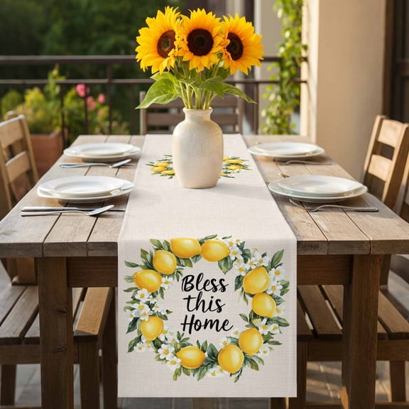 Summer Lemon Watercolor Floral Table Runner 36 Inches Long,Kitchen Dining Tablerunners Bless Home Quote Retro Linen Linen Table Runners Dresser Scarves for Home Dinner Wedding Holiday Party Decor