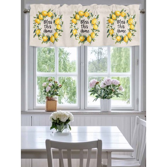 Summer Lemon Watercolor Floral Valances for Windows,Kitchen Valance Rod Pocket Short Curtain,Bless Home Quote Retro Linen Valance Curtain Window Valances for Bedroom Living Room 42"x18"