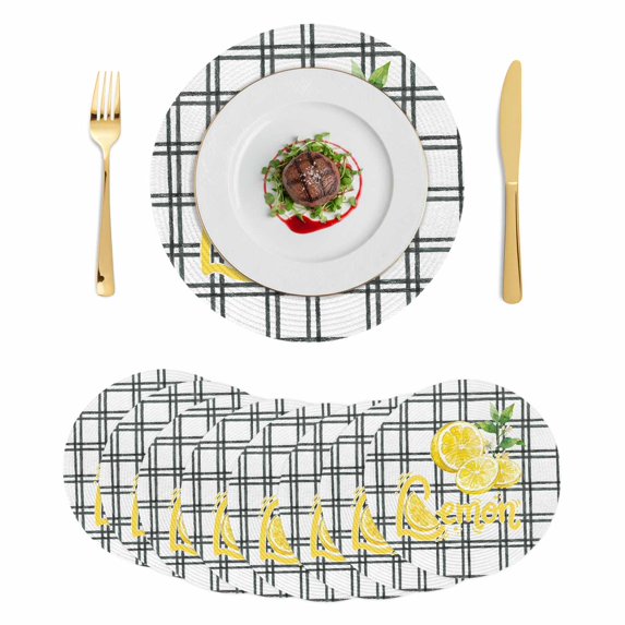 Summer Lemon Watercolor Round 15 Inch Placemats Set of 8, Geometric Black Line Plaid HeatResistant Non Slip Place Mats for Dining Table, Wipeable Braided Kitchen Table Mats for Housewarming