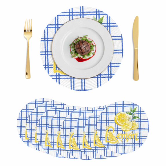 Summer Lemon Watercolor Round 15 Inch Placemats Set of 8, Geometric Blue Line Plaid HeatResistant Non Slip Place Mats for Dining Table, Wipeable Braided Kitchen Table Mats for Housewarming