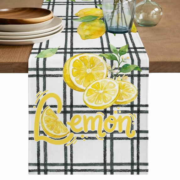 Summer Lemon Watercolor Table Runner 36 Inches, Geometric Black Line Plaid Bed Runner Dresser Scarves Tabletop for Indoor Outdoor Parties/Ceremony/Banquet, 13"x 36"