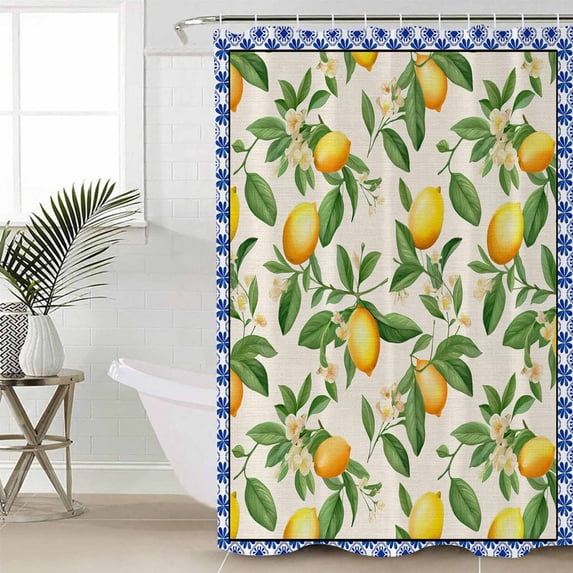 Summer Lemon Waterproof Fabric Shower Curtain, Green Botanical Watercolor Fruits Blue Shower Curtain for Bathroom Curtains Bathtubs Hotel Washable Shower Curtains with 12 Hooks Extra Long 72x96