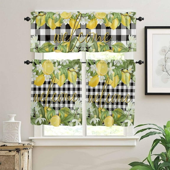 Summer Lemon Window Curtain Set with Tiers and Valance, 3 Pieces Rod Pocket Valances Leaf Daisy Black Buffalo Check Plaid Window Treatment Semi Sheer Kitchen Bedroom Farmhouse Decor (52" W x 18" L)