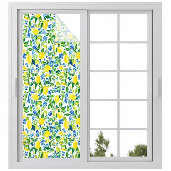 Summer Lemon Window Privacy Film, Green Botanical Blue Flowers Static Cling UV Sun Blocking Heat Control Window Tint Day and Night, Non-Adhesive Reusable One Way Windows Privacy Cover 29.5''x78.7''