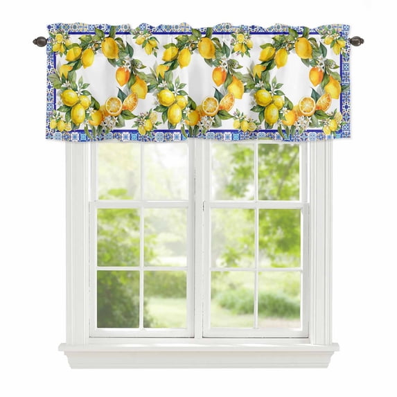 Summer Lemon Window Valance for Kitchen, National Style Lemon Floral Blue Flower Texture Rod Pocket Short Curtain for Small Windows, Light Filtering Decorative Valance, 60 x 14 Inch, 1 Panel