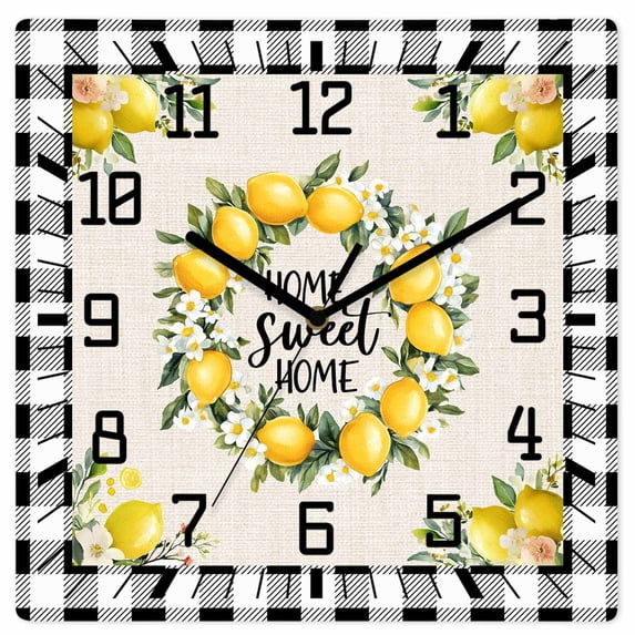 Summer Lemon Wooden Wall Clock Silent Non Ticking, Farmhouse Black Check Plaid Vintage Square Wall Clocks Battery Operated, Decor Clock for Home Office, Living Room, Kitchen, 10 Inch