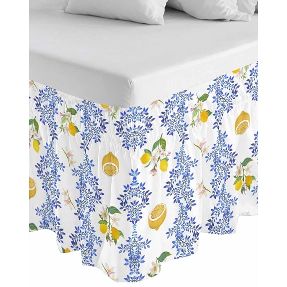 Summer Lemon Wrap Around Bed Skirts for Queen Bed 18" Drop, Bed Skirt with Adjustable Elastic Belt Dust Ruffle Bed Valance for Bedroom Hotel Luxury Navy Blue Spring Floral Botanical Bed Frame Cover