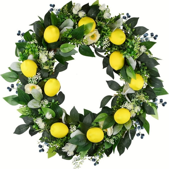 Summer Lemon Wreath Artificial Leafy Fruit Decoration, 3D Stereoscopic Design With Realistic Lemon Green Elements, Ideal For Indoor Outdoor Hanging Above Fireplace Front Door