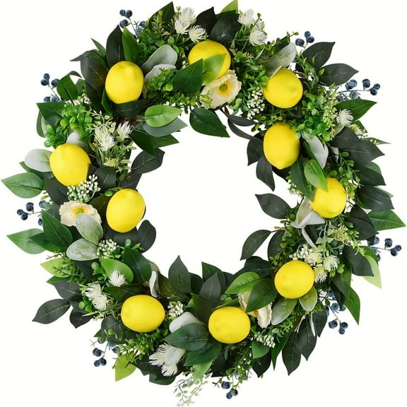 Summer Lemon Wreath Artificial Leafy Fruit Decoration, 3D Stereoscopic Design With Realistic Lemon Green Elements, Ideal For Indoor Outdoor Hanging Above Fireplace Front Door
