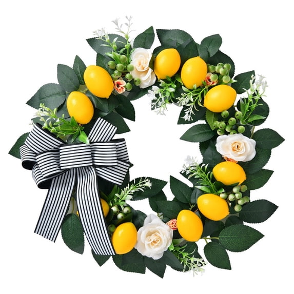 Summer Lemon Wreath with Artificial Green Leaves Roses and Checkered Bow,Front Door Garden Wall Decor