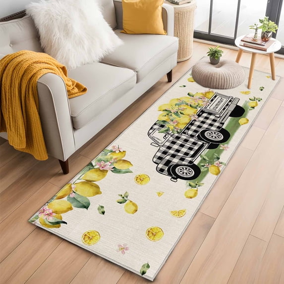 Summer Lemons 2'x6' Runner Rugs for Hallway Kitchen Bedside Non Slip Washable, Rustic Black Plaid Truck Fruits Burlap Entryway Rug Runners with Rubber Backing, Long Carpet Runner for Laundry Room