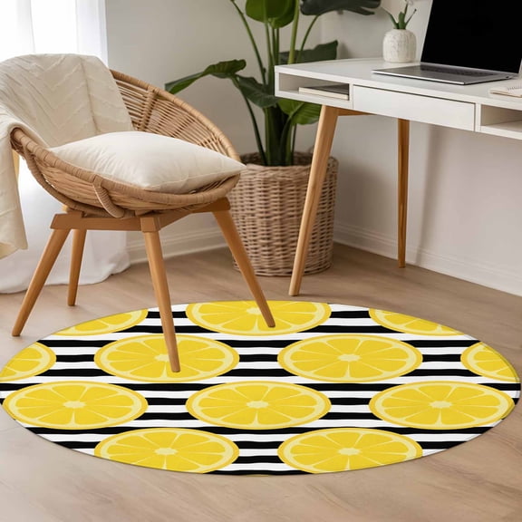 Summer Lemons 3.3ft Round Rug for Bedroom Reading Corner, Cartoon Yellow Fruit Slices Black White Striped Washable Non Slip Circle Area Rug