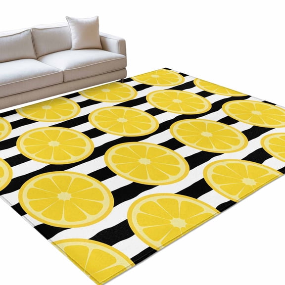 Summer Lemons 6x9ft Non Slip Area Rug Cartoon Yellow Fruit Slices Black White Striped Washable Soft Area Rugs for Living Room, Indoor Circle Carpet for Bedroom Dining Room Kitchen