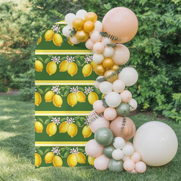 Summer Lemons Arch Backdrop Cover 4 FT, Yellow Fruit Leaf Striped Green Background Wedding Arch Cover Stretchy Backdrop Stands Covers for Birthday Party Ceremony Banquet Decor