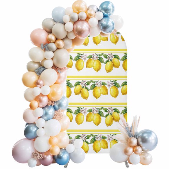 Summer Lemons Arch Backdrop Cover 5 FT Yellow Fruit Leaf Striped White Background Stretchy Elastic Arch Stand Covers Spandex Arched Background Birthday Wedding Party Decoration (No Stand)