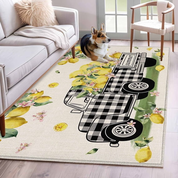 Summer Lemons Area Rugs 2.7'x5', Washable Small Throw Rugs for Kitchen Bedroom, Rustic Black Plaid Truck Fruits Burlap Indoor Outdoor Rug Non-Slip Low Pile Carpet Runner Reversible Floor Mats