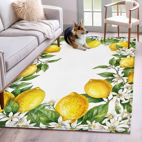 Summer Lemons Area Rugs 3'x5', Washable Small Throw Rugs for Living Room Bedroom, Fruits White Flowers Farmhouse Country Indoor Outdoor Rug Non-Slip Low Pile Carpet Runner Reversible Floor Mats