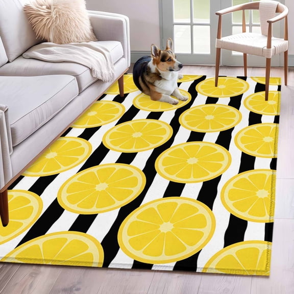Summer Lemons Area Rugs 3x5 ft Cartoon Yellow Fruit Slices Black White Striped Washable Rug Non Slip Indoor Carpet Absorbent Floor Mat for Living Room Bedroom Dining Room