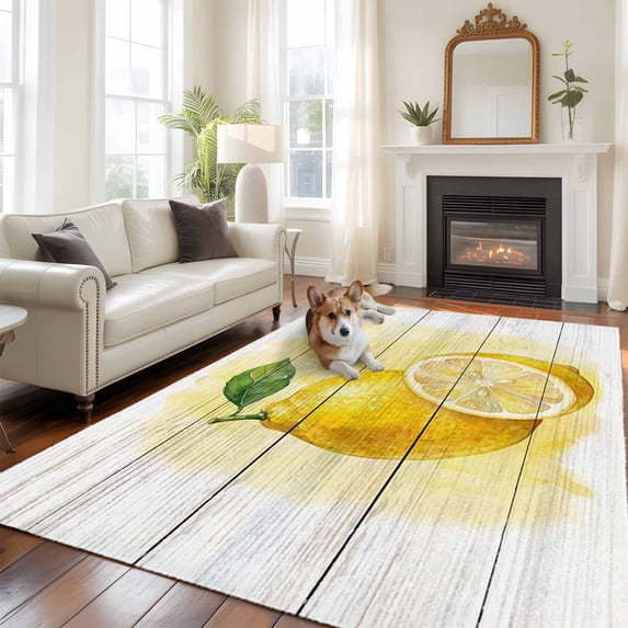 Summer Lemons Area Rugs 5x7 ft Watercolor Yellow Fruit Farmhouse Wood Grain Washable Rug Non Slip Indoor Carpet Absorbent Floor Mat for Living Room Bedroom Dining Room