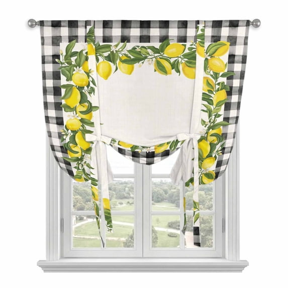 Summer Lemons Balloon Curtains for Bedroom/Front Door/Bathroom, Farmhouse Fruits Black Buffalo Plaid Tie Up Curtains 63 Inch Length Light Filtering Kitchen Curtains Shades for Windows 46"x63"