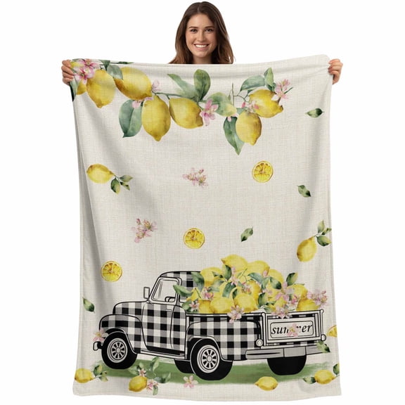Summer Lemons Blanket Soft Cozy Warm Throw Blanket for Couch, Plush Fuzzy Flannel Fleece Blankets for Sofa, Rustic Black Plaid Truck Fruits Burlap Bed Blankets Lightweight Gifts for Women, 50"x80"