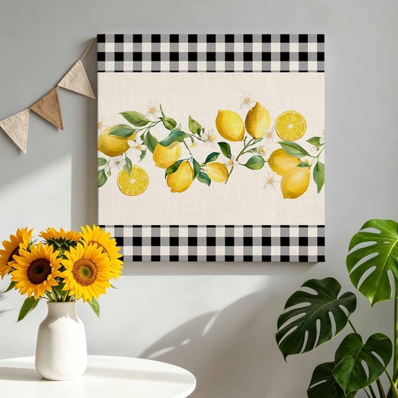 Summer Lemons Canvas Wall Art Framed Wall Decor for Living Room Bedroom Bathroom, Yellow Fruit Leaf Floral Retro Linen Black Plaid Canvas Pictures Ready to Hang Decor, 12"x12"