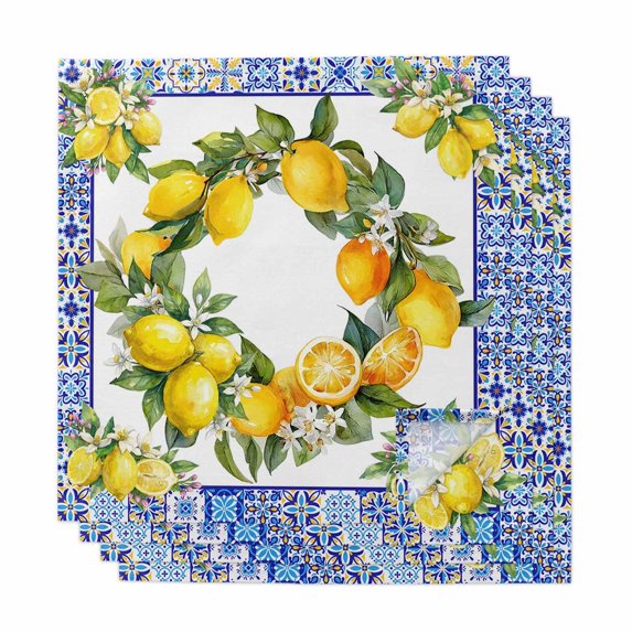 Summer Lemons Cloth Napkins, Modern Yellow Fruit Flower Blue Ethnic Plaid Washable and Reusable Dinner Napkins Set of 4, Table Napkin for Kitchen Party Birthday Wedding Hotel Housewarming 20"x20"