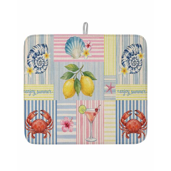Summer Lemons Crabs Shells Dish Drying Mats for Kitchen Counter,Absorbent Microfiber Dish Drainer Rack Mat Blue Pink Striped Drying Pad for Sinks,Utensils,Countertops,16x18in