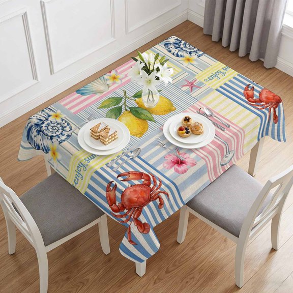 Summer Lemons Crabs Shells Table Cloth 60x84in, Waterproof Rectangle Tablecloth Wipeable Tablecloths Blue Pink Striped Table Covers for Dining Tables Party Indoor Outdoor