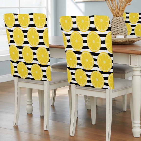 Summer Lemons Dining Chair Back Cover Only, Cartoon Yellow Fruit Slices Black White Striped Set of 8 Chair Back Covers, Removable Washable for Dining Room, Banquet & Holiday Decoration