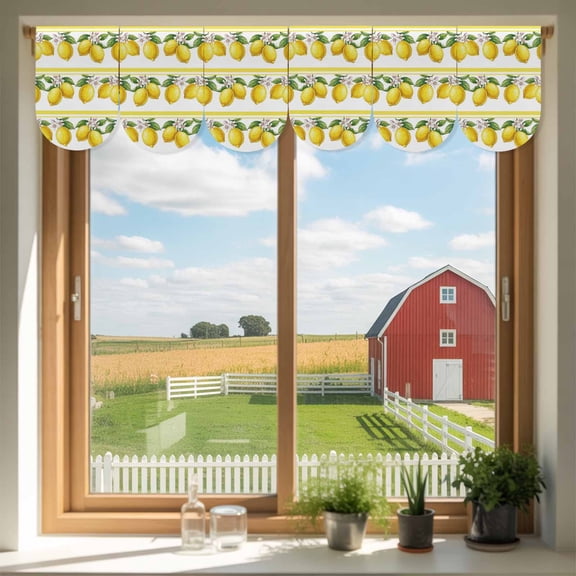 Summer Lemons Door Banner Yellow Fruit Leaf Striped White Background Small Scalloped Hanging Banner for Door, Hanging Flag Backdrop Decoration for Wall Window Party 3pcs, 8 x 12 Inch