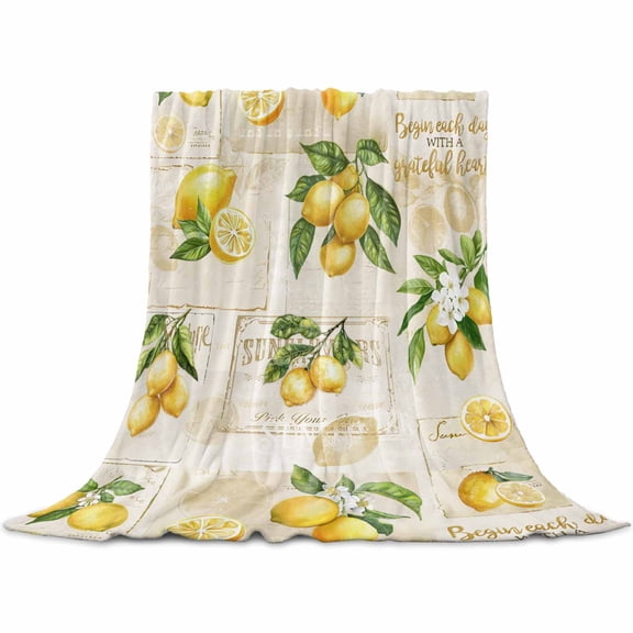 Summer Lemons Flannel Blanket for Bed, Retro Farmhouse Botanical Fruit Leaves Soft Cozy Warm Couch Throw Blanket, Lightweight Fluffy Plush Bedding Blankets for Sofa Decor All Season 40"x50"