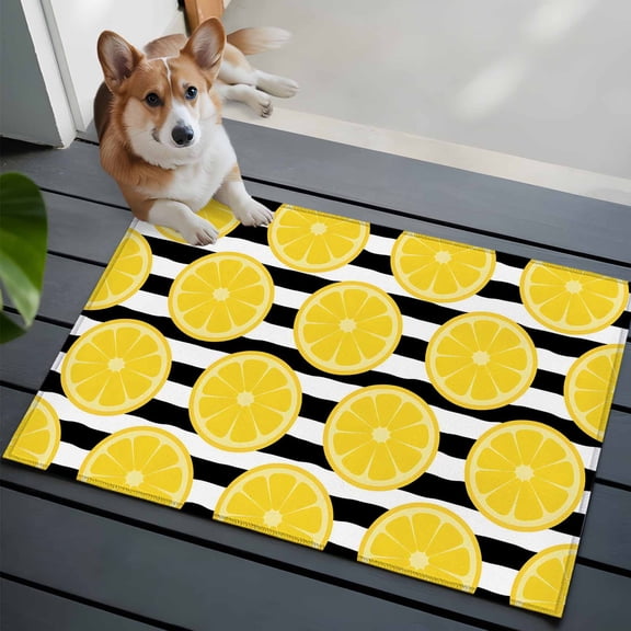 Summer Lemons Front Door Rugs 2x3 ft Cartoon Yellow Fruit Slices Black White Striped Small Rug for Entryway Non Slip Washable Bathroom Door Mat Absorbent Floor Mat for Indoor Entrance