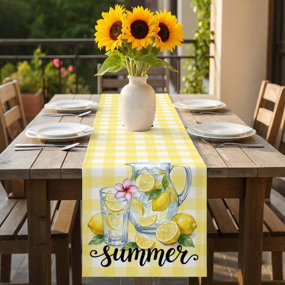 Summer Lemons Glass Cup Table Runner 36 Inches Long,Kitchen Dining Tablerunners Yellow White Check Linen Table Runners Dresser Scarves for Home Dinner Wedding Holiday Party Decor