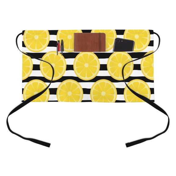 Summer Lemons Half Waist Apron Cartoon Yellow Fruit Slices Black White Striped Short Waiter Aprons with 3 Pockets for Women Men Kitchen Restaurant Cooking