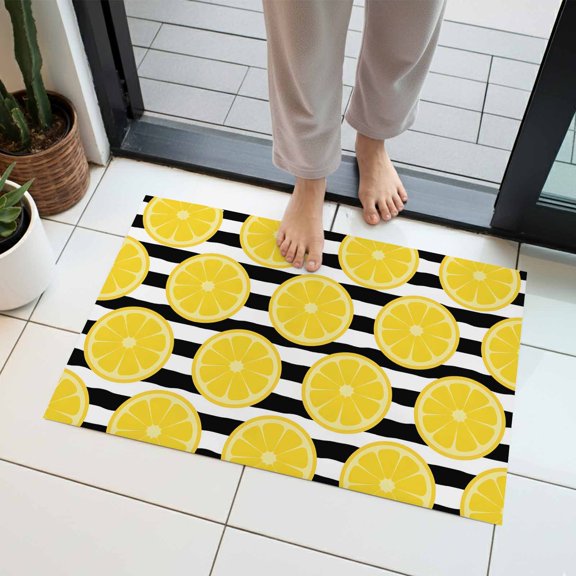 Summer Lemons Indoor Door Mat 18x30 Inch Cartoon Yellow Fruit Slices Black White Striped Front Door Mat Non Slip Washable Entryway Rug Low Profile Dirt Trapper Doormat for Bathroom Kitchen Bedroom