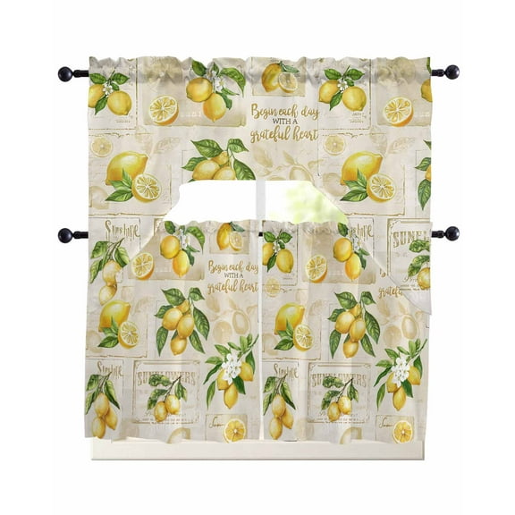 Summer Lemons Kitchen Curtains Swag Valance and Tier Curtains Set 24 Inch Length, Retro Farmhouse Botanical Fruit Leaves Rod Pocket Drape Panels Pair Swag Curtain for Bathroom/Cafe/Window