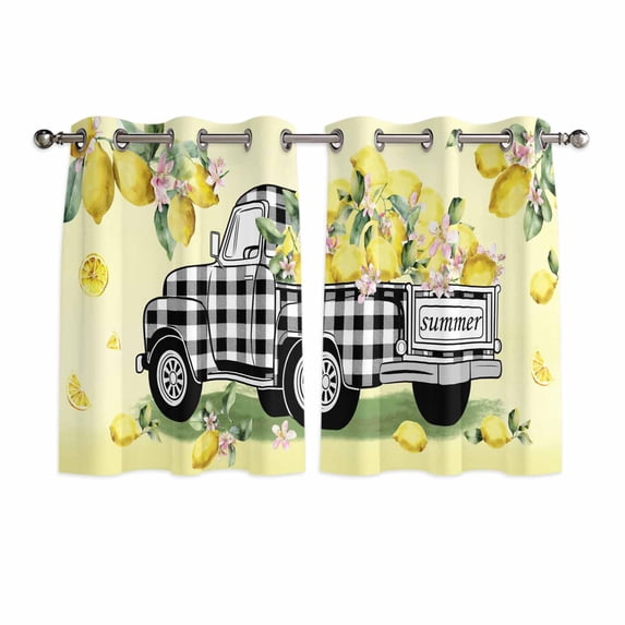 Summer Lemons Kitchen Curtains Window Panels, Rustic Black Plaid Truck Fruits Yellow Insulated Window Treatment Curtain, Grommet Curtains for Bedroom/Living Room/Bathroom, 2 Piece 52"Wx45"L