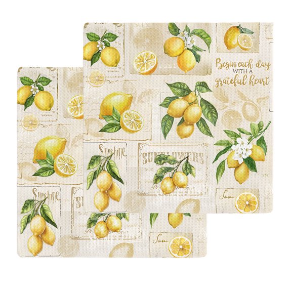 Summer Lemons Kitchen Dish Towels for Drying Dishes Set of 2, Retro Farmhouse Botanical Fruit Leaves Waffle Weave Microfiber Hand Tea Bathroom Towels Quick Dry & Absorbent Towel 12x12