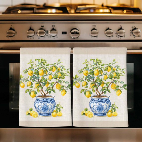 Summer Lemons Kitchen Towels Set of 1, Brown Beige Farmhouse Botanical Linen Absorbent Dish Towels for Kitchen, Microfiber Hand Towel, Quick Drying Tea Towel for Cleaning Decorative Dishcloths