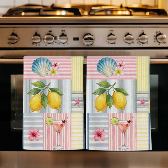 Summer Lemons Kitchen Towels Set of 1, Coastal Nautical Shell Crab Vintage Art Absorbent Dish Towels for Kitchen, Microfiber Hand Towel, Quick Drying Tea Towel for Cleaning Decorative Dishcloths