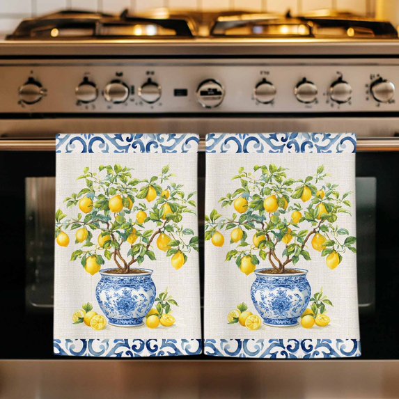 Summer Lemons Kitchen Towels Set of 3, Farmhouse Fruit Blue Geometric Beige Linen Absorbent Dish Towels for Kitchen, Microfiber Hand Towel, Quick Drying Tea Towel for Cleaning Decorative Dishcloths